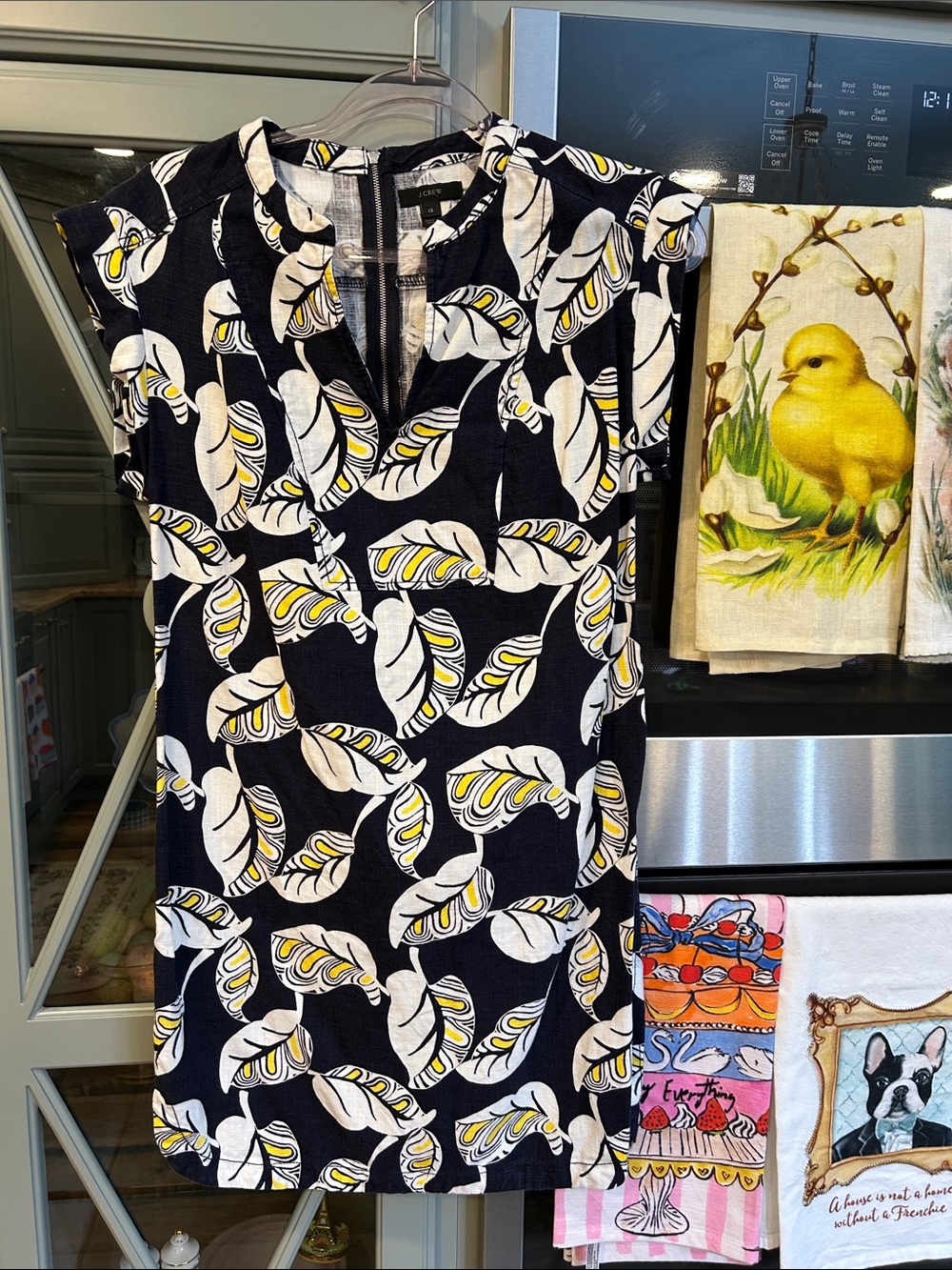 Vintage J. Crew Navy Leaf Print Linen Mini Dress XS
